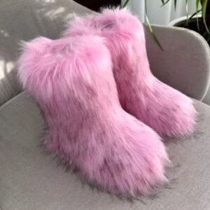 Pink Furry faux fur Boots sizes 5.5,6,9.5,10